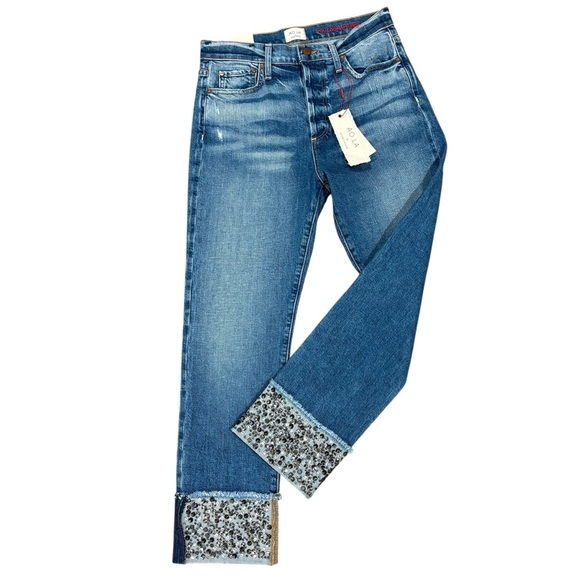AO.LA High Rise Girlfriend Slim Jeans Fools Rush In Studded Rhinestone Cuff 28 - Picture 9 of 9